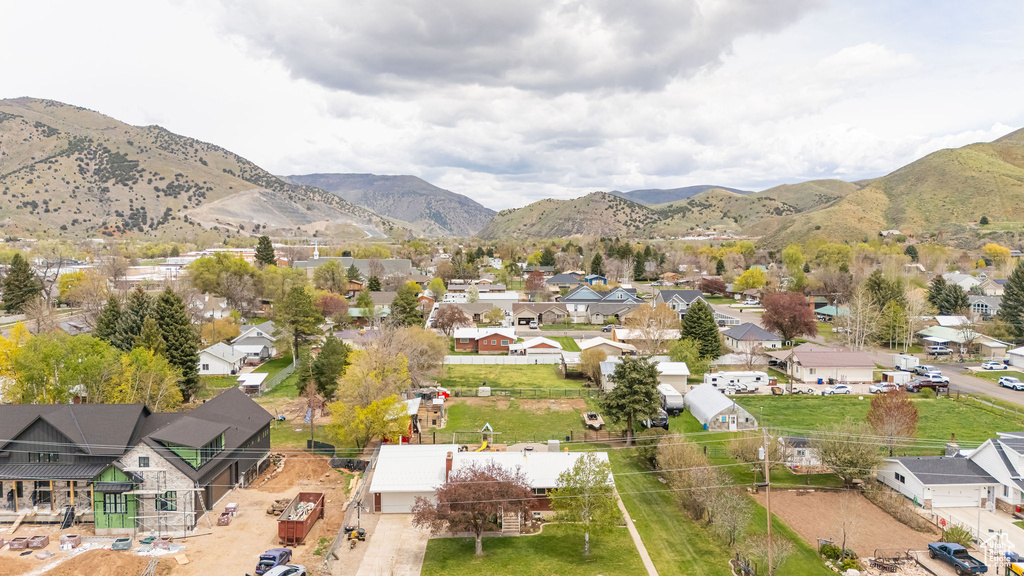 Birds eye view of property with a mountain view and a residential view