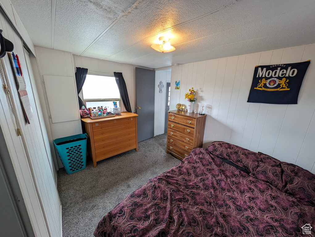 Carpeted bedroom featuring a textured ceiling