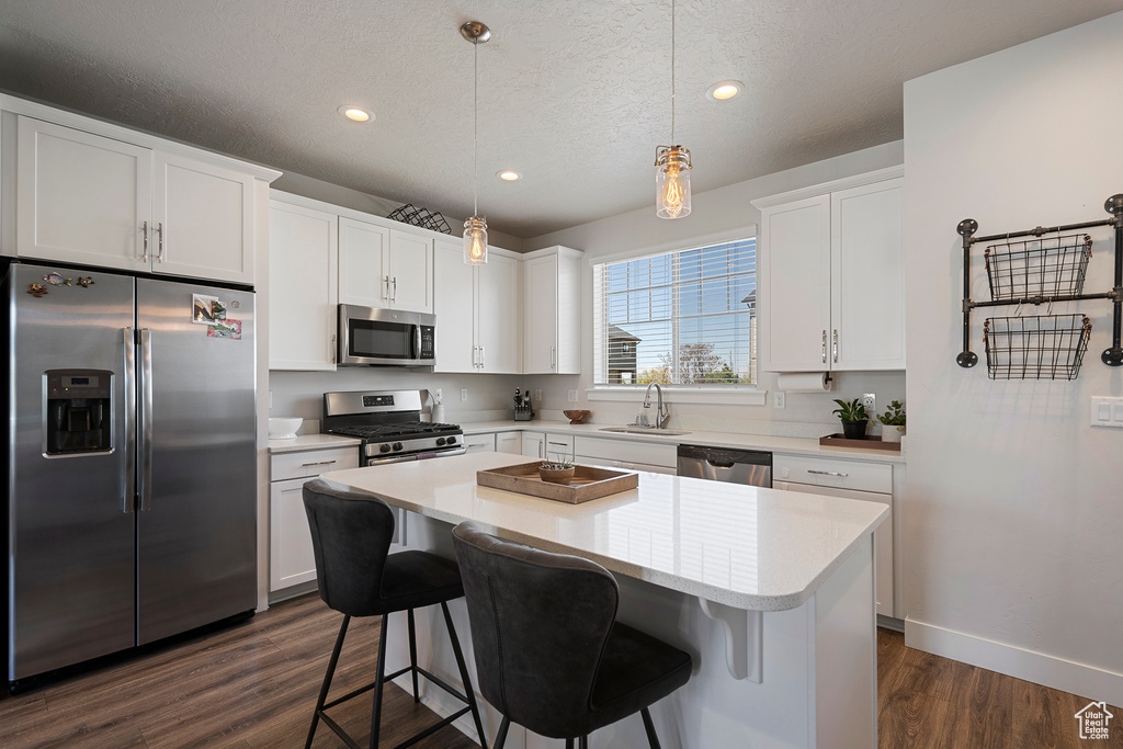 Kitchen with dark wood-style flooring, a center island, a sink, light countertops, and stainless steel appliances