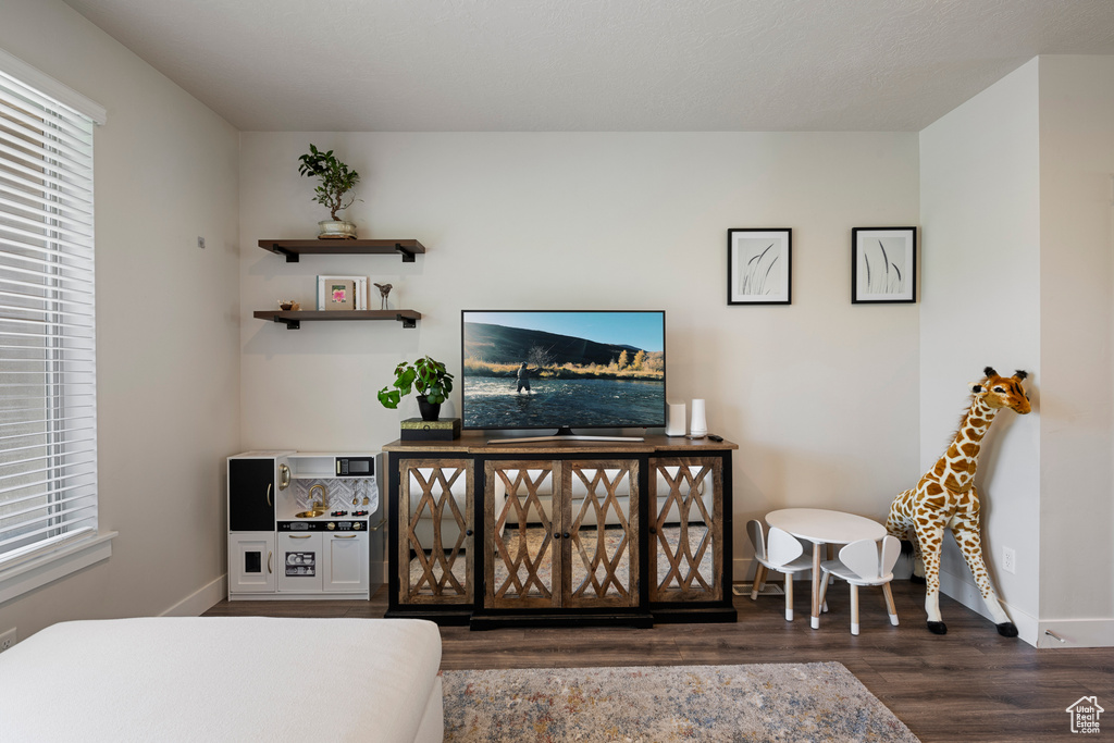 Interior space with baseboards, multiple windows, and wood finished floors