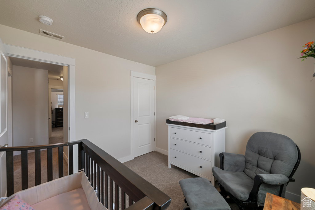 Carpeted bedroom featuring baseboards and visible vents