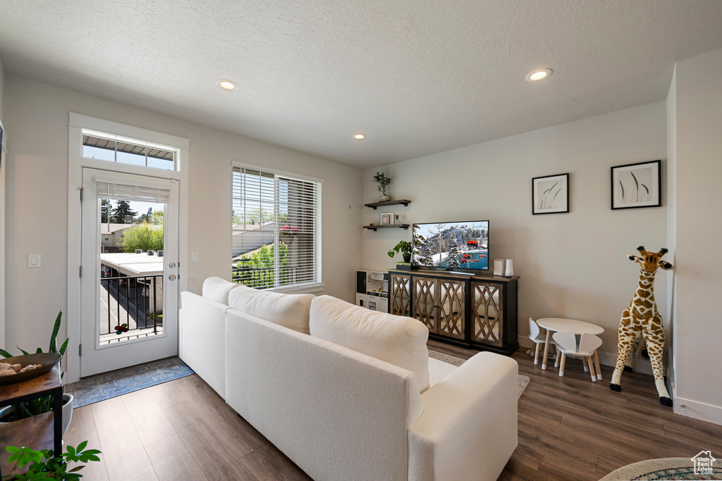 Living room featuring recessed lighting, baseboards, wood finished floors, and a textured ceiling