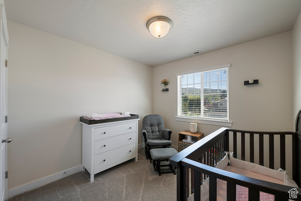 Carpeted bedroom featuring a nursery area, baseboards, and visible vents