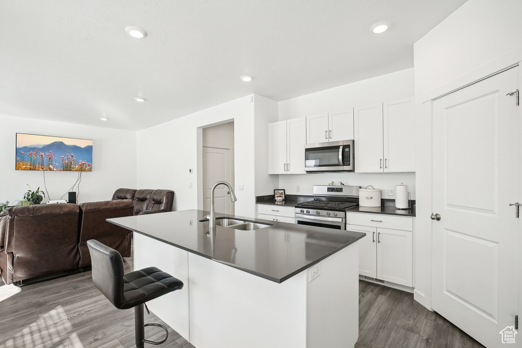 Kitchen with wood finished floors, dark countertops, an island with sink, a sink, and appliances with stainless steel finishes