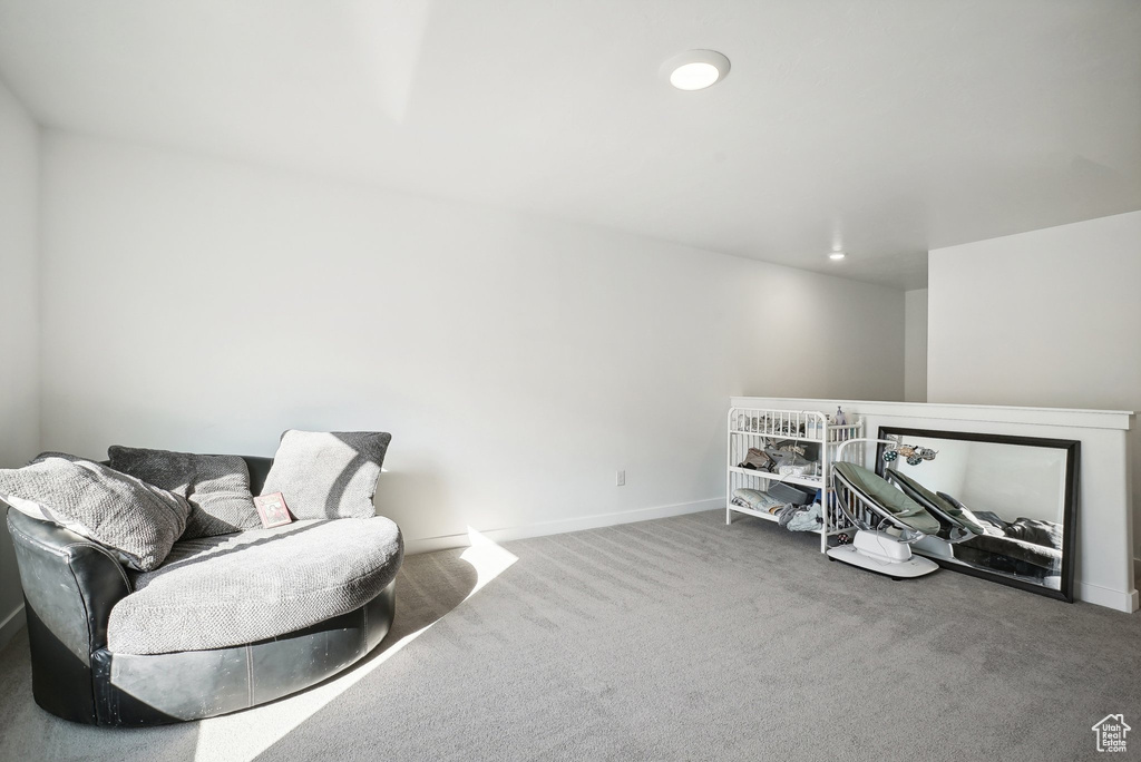 Living area with baseboards, an upstairs landing, and carpet