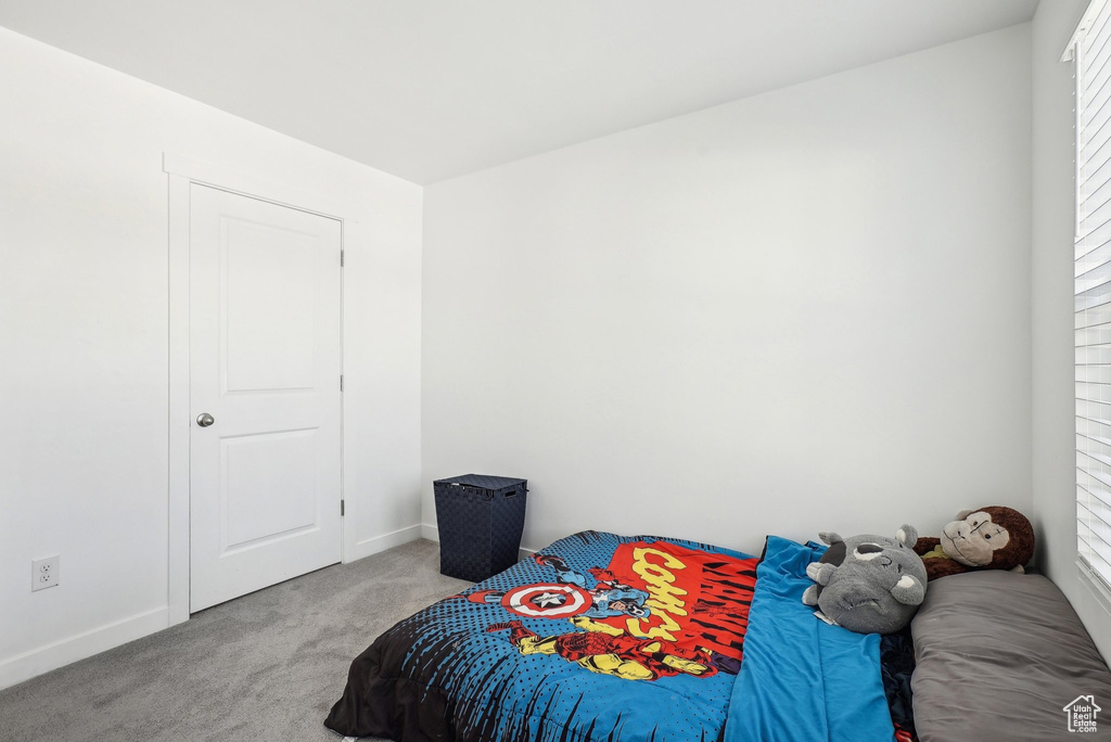 Bedroom featuring carpet floors, baseboards, and multiple windows