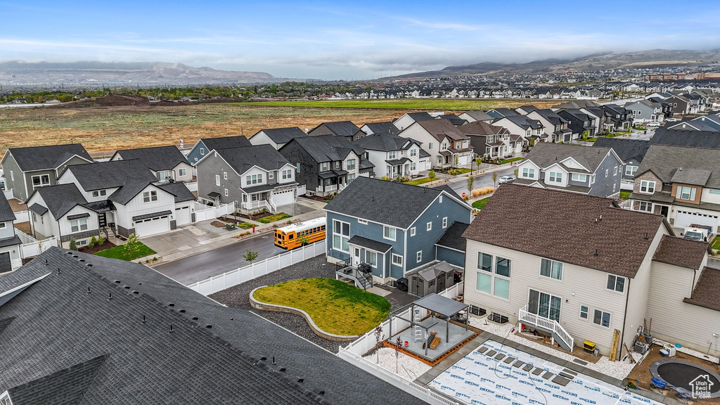Aerial view featuring a residential view and a mountain view