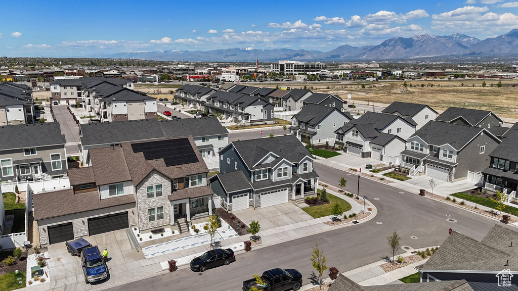 Aerial perspective of suburban area with mountains