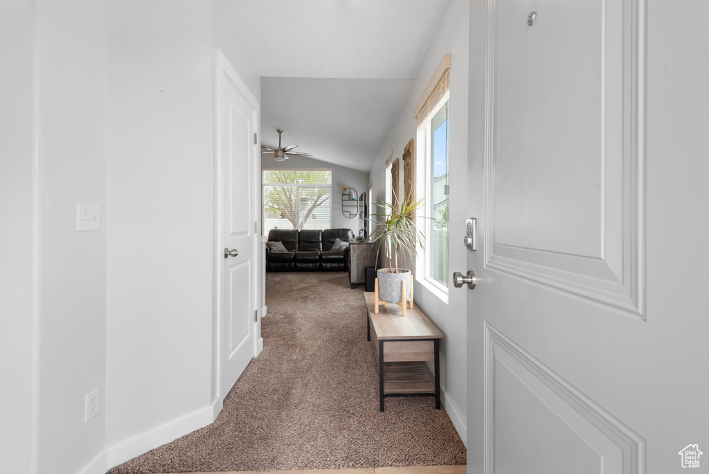 Hall with baseboards, carpet flooring, and vaulted ceiling