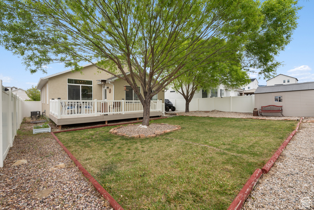 View of yard with a wooden deck, a fenced backyard, and central AC unit