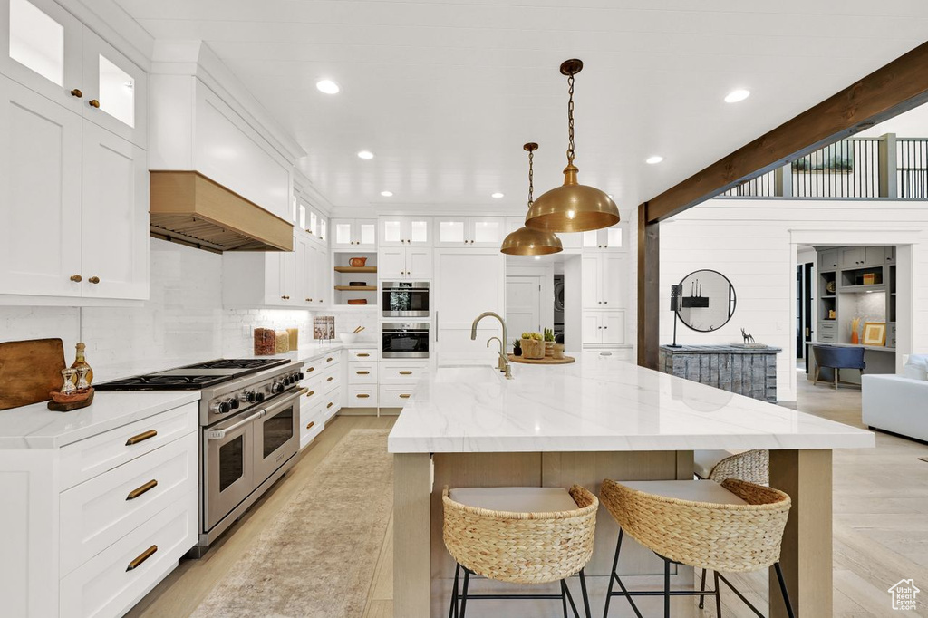 Kitchen with backsplash, appliances with stainless steel finishes, a spacious island, custom exhaust hood, and recessed lighting
