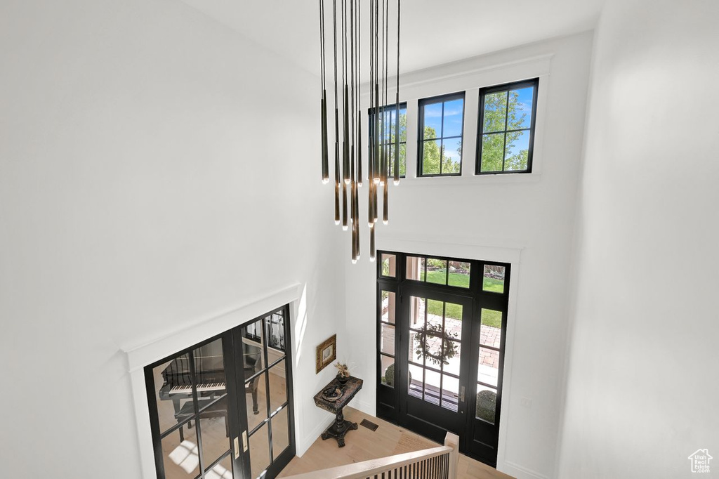 Entryway with plenty of natural light, a notable chandelier, wood finished floors, and a high ceiling