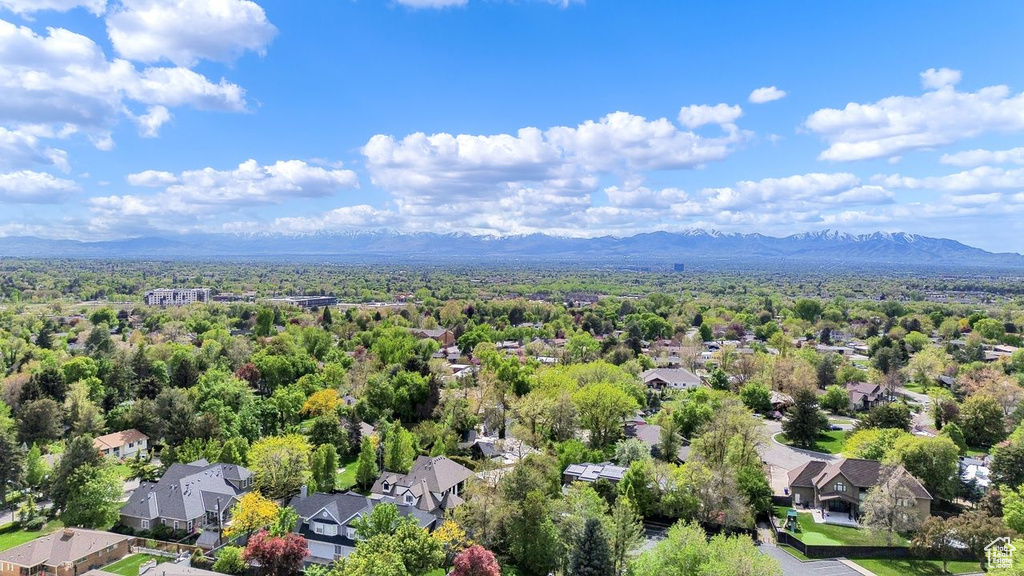 Birds eye view of property with a mountain view and a residential view