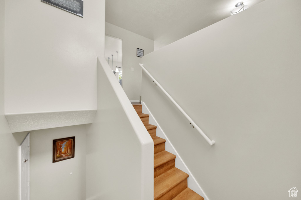 Stairs with baseboards and wood finished floors
