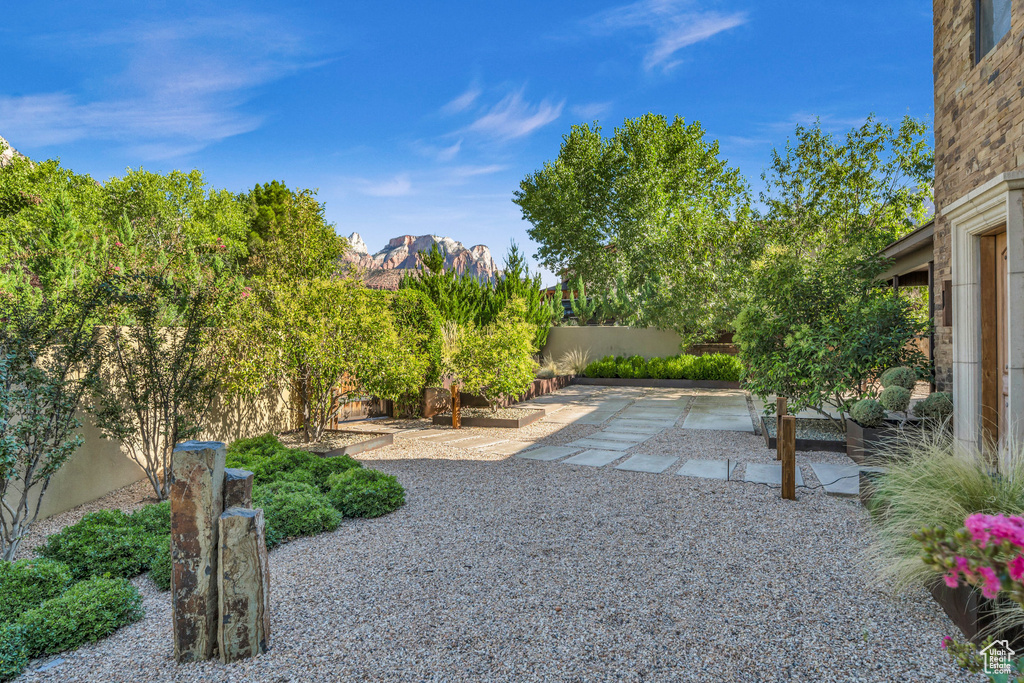 View of yard featuring a fenced backyard, a patio area, and a mountain view