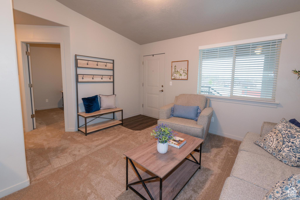 Carpeted living area featuring baseboards and vaulted ceiling