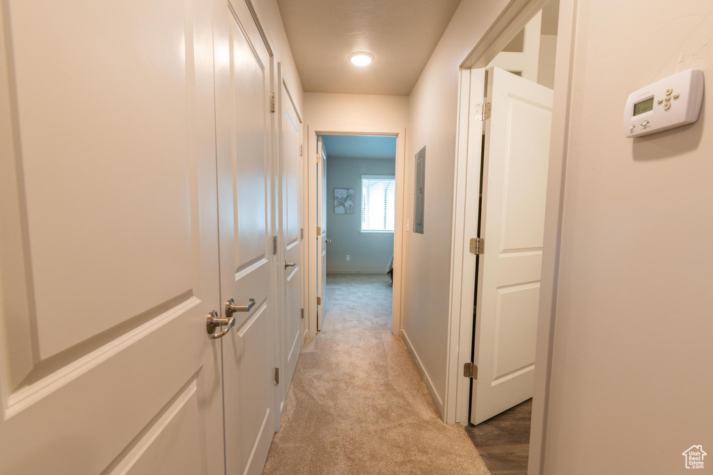Corridor with baseboards and light colored carpet