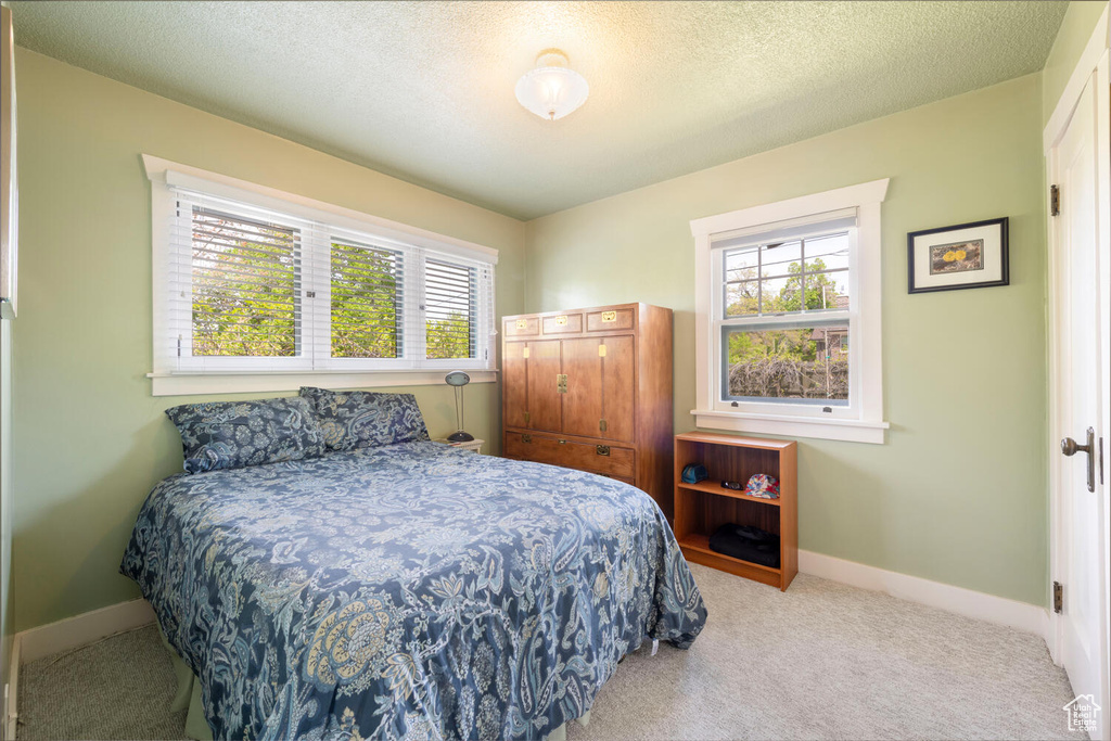 Bedroom with carpet floors, a textured ceiling, and baseboards
