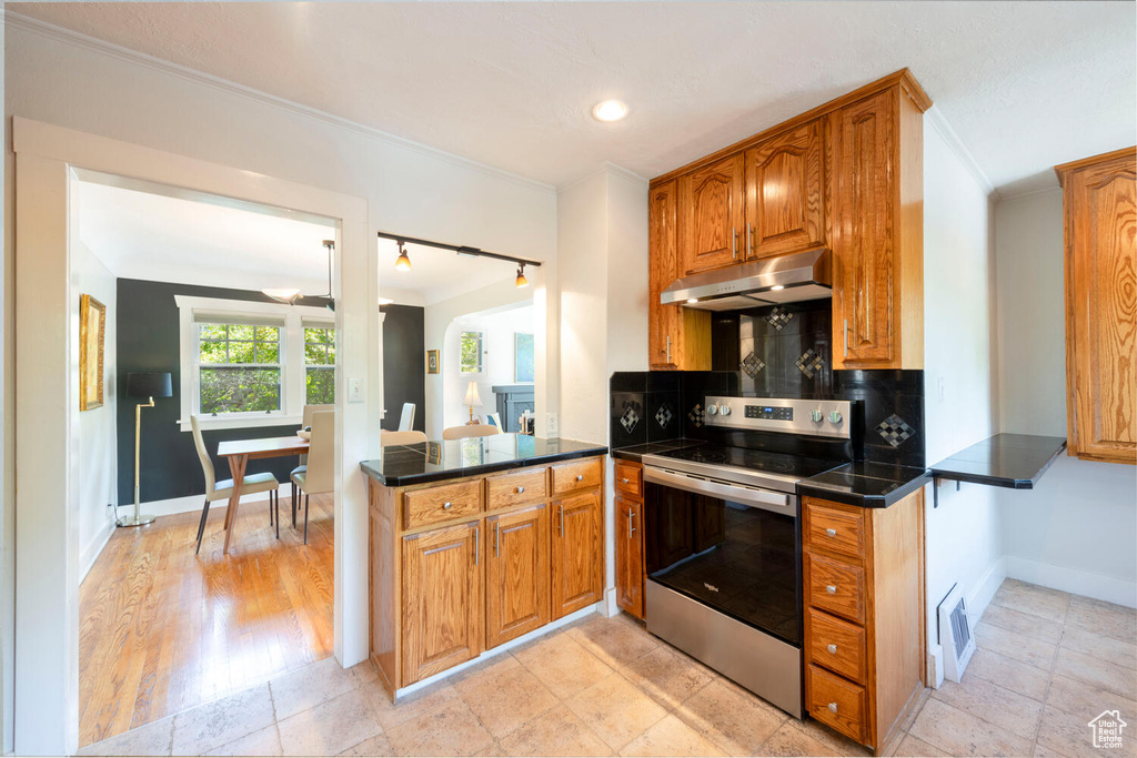 Kitchen with stainless steel electric stove, dark countertops, under cabinet range hood, and a peninsula