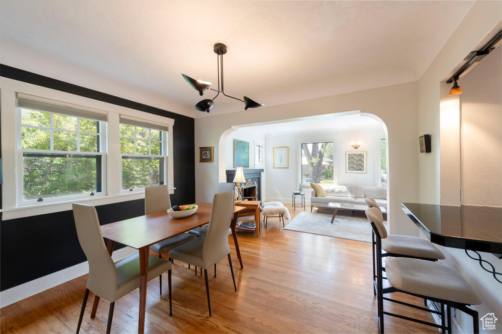 Dining room featuring a fireplace, arched walkways, plenty of natural light, and light wood-type flooring