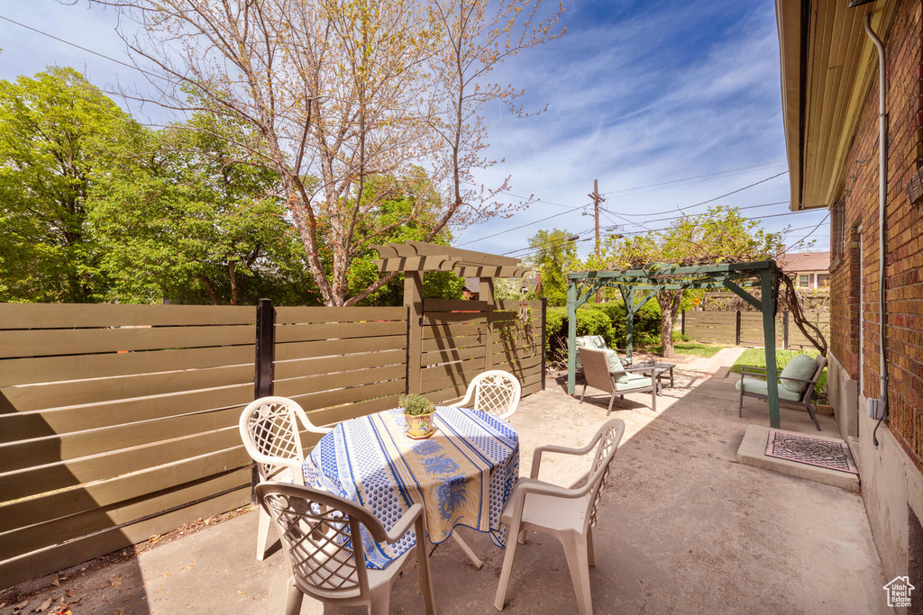 View of patio with a pergola, a fenced backyard, and outdoor dining space