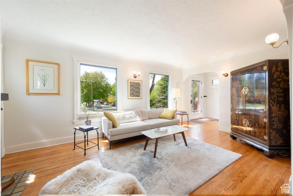 Living room with arched walkways, baseboards, and light wood-type flooring