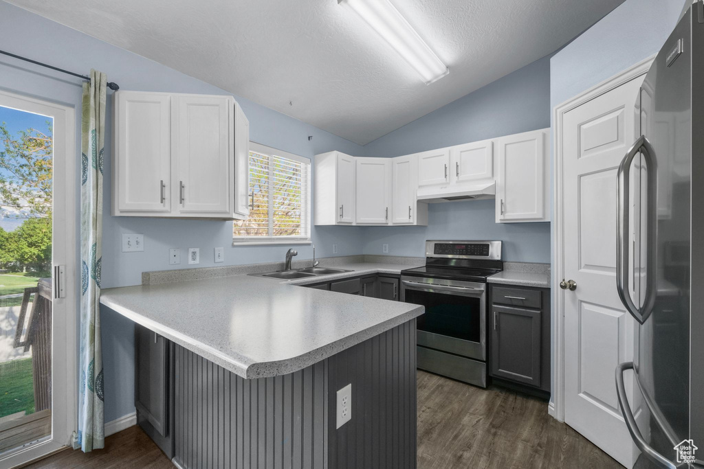 Kitchen featuring under cabinet range hood, a sink, a peninsula, lofted ceiling, and stainless steel appliances