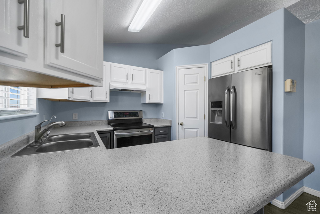 Kitchen with a sink, stainless steel appliances, white cabinetry, a peninsula, and under cabinet range hood