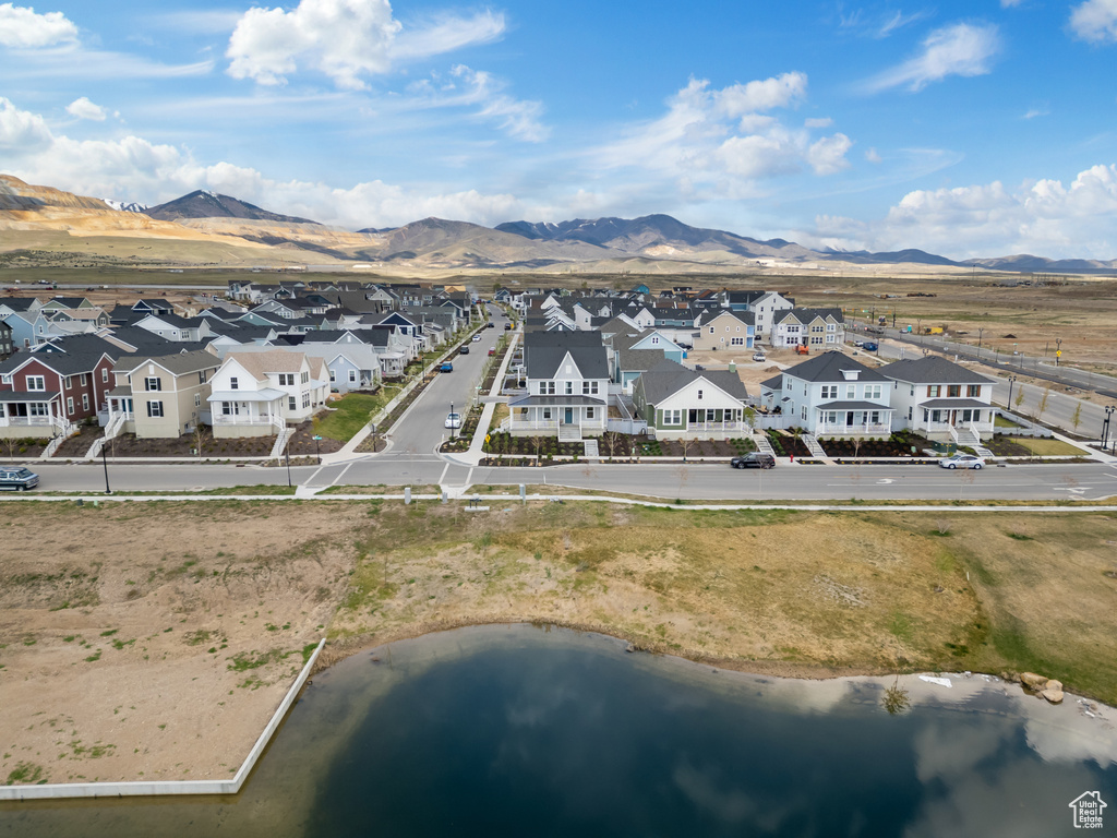 Aerial view with a residential view and a water and mountain view