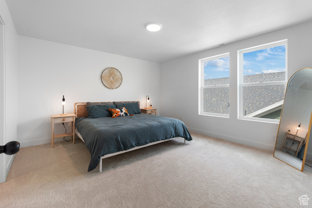Bedroom with baseboards, visible vents, and carpet