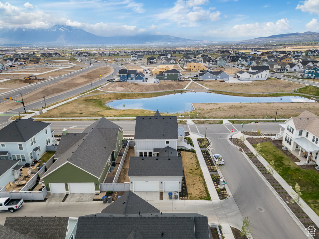 Bird's eye view with a residential view and a water and mountain view