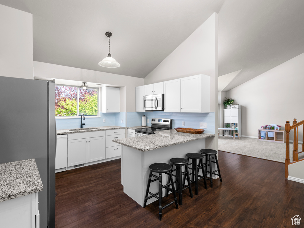 Kitchen with white cabinets, light stone countertops, a sink, dark wood finished floors, and stainless steel appliances