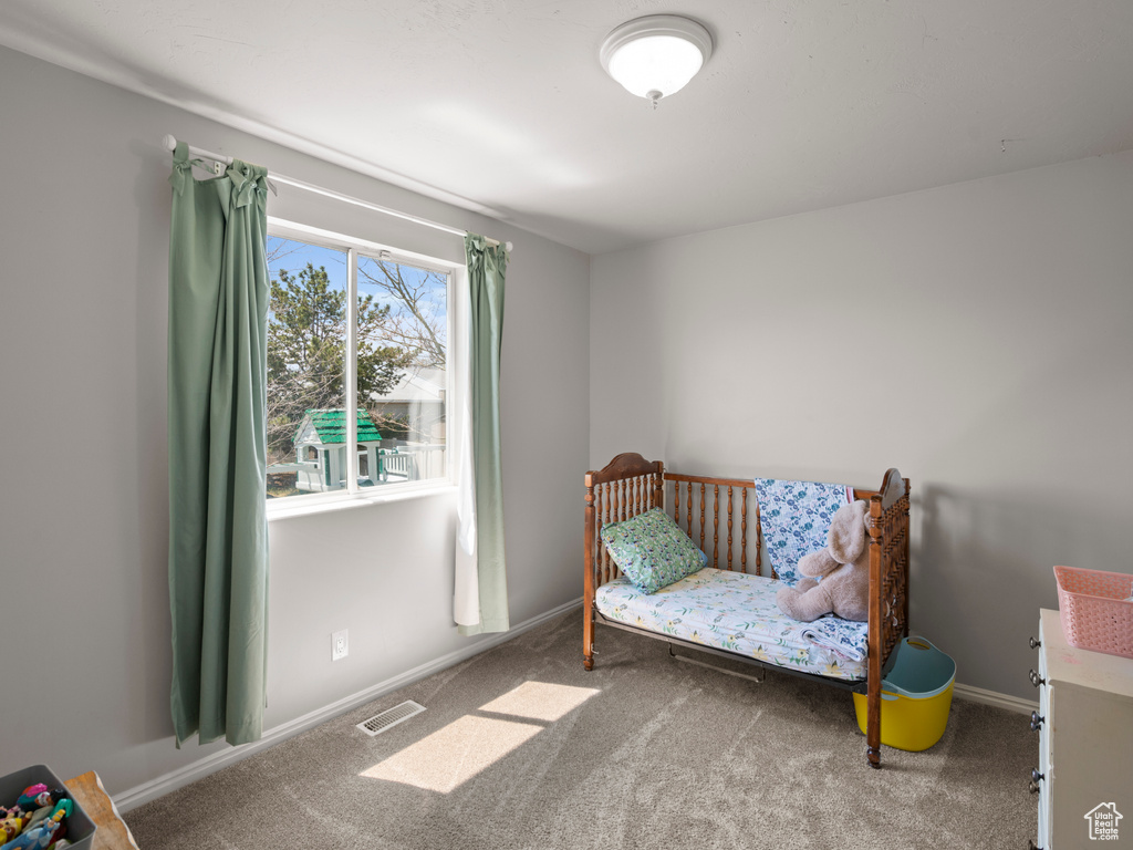 Living area with baseboards, visible vents, and carpet
