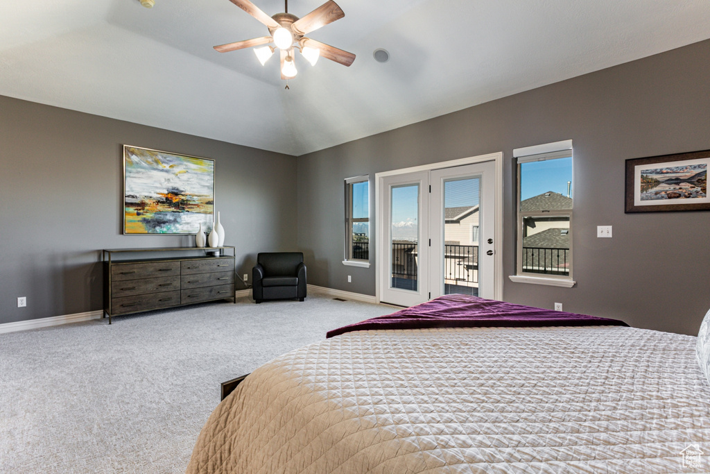 Bedroom with carpet floors, access to outside, baseboards, and ceiling fan