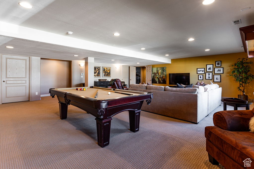Rec room featuring billiards, visible vents, baseboards, light carpet, and recessed lighting