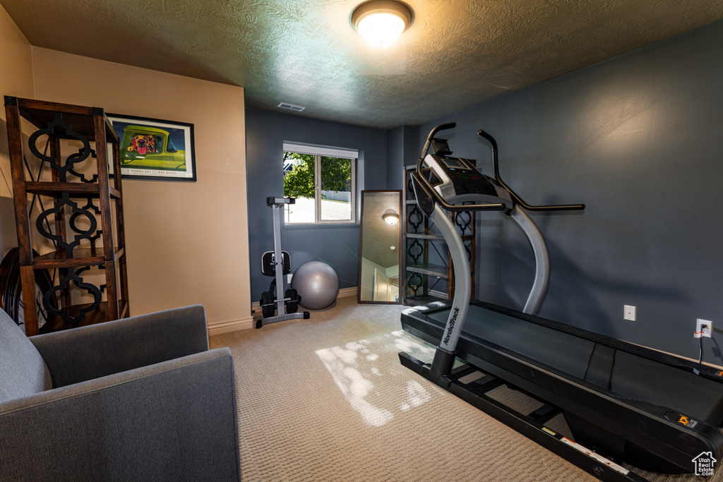Workout room with baseboards, carpet flooring, a textured ceiling, and visible vents