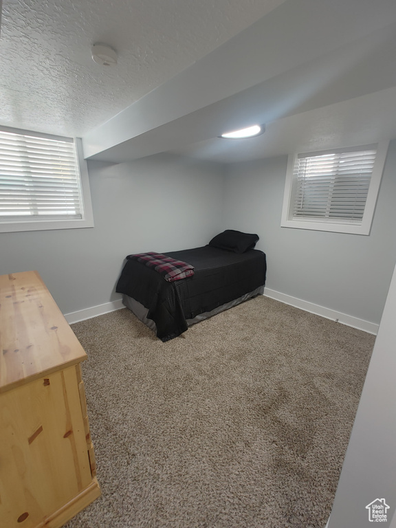 Bedroom with baseboards, carpet flooring, and a textured ceiling