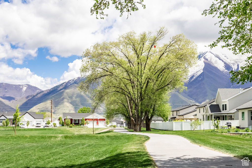 Surrounding community featuring a lawn, a residential view, and a mountain view