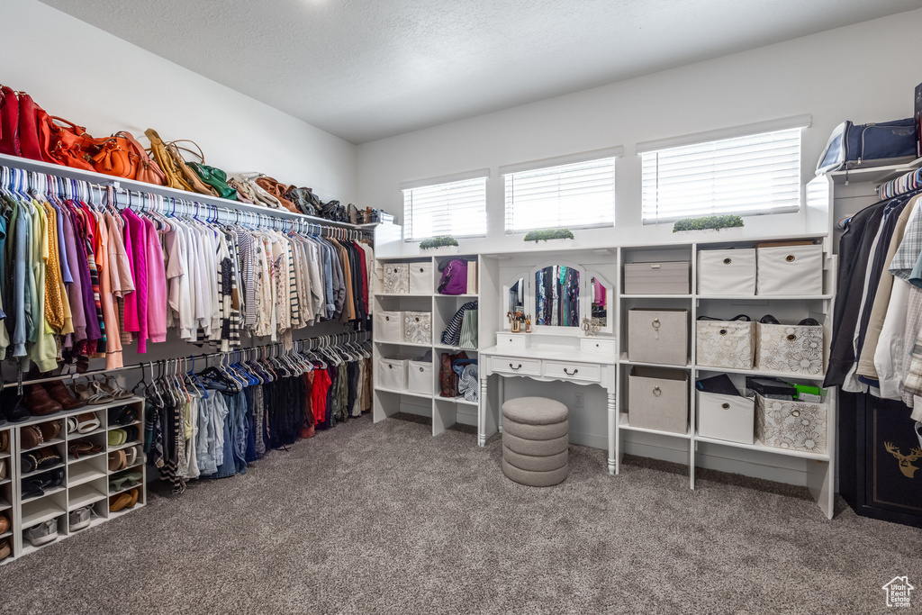 Walk in closet with carpet floors