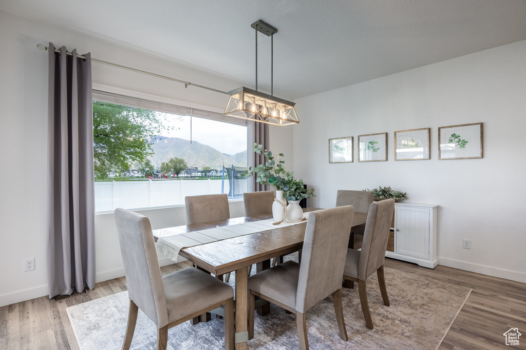 Dining room featuring baseboards, a notable chandelier, a mountain view, and wood finished floors