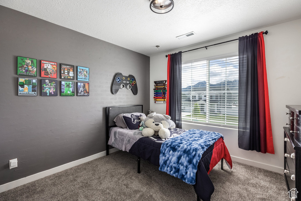 Bedroom with visible vents, carpet flooring, a textured ceiling, and baseboards