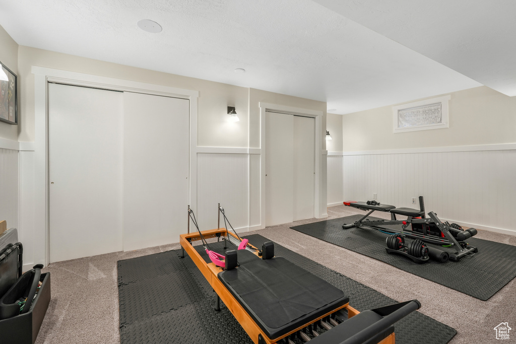 Workout area with a wainscoted wall and carpet floors
