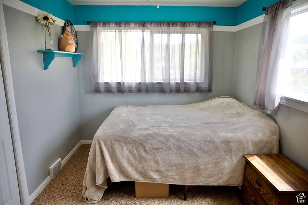 Carpeted bedroom with baseboards and visible vents