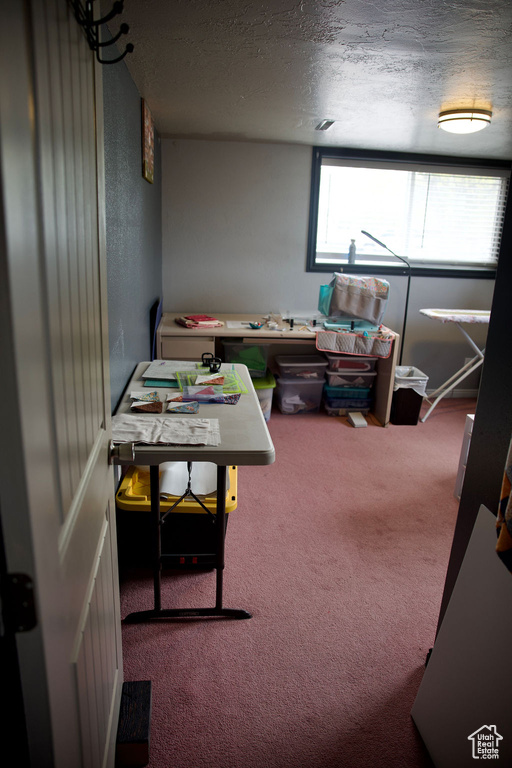 Interior space featuring a textured ceiling and carpet