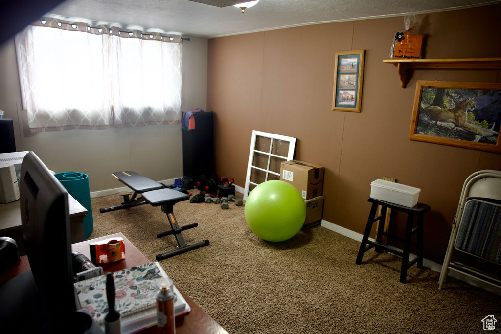 Workout room with baseboards and carpet flooring