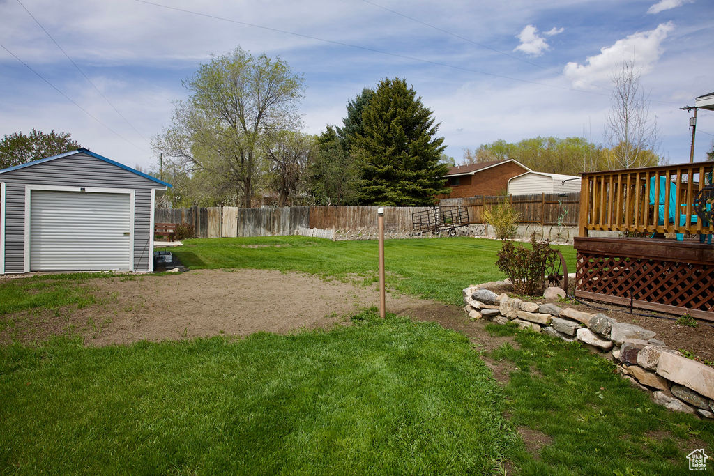View of yard with a fenced backyard and an outbuilding