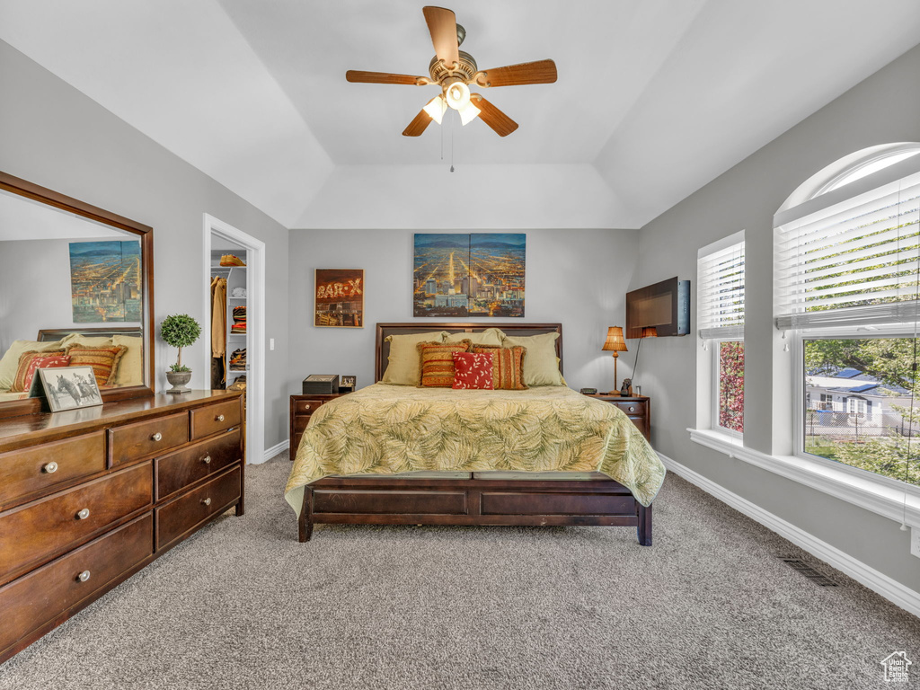 Bedroom featuring ceiling fan, visible vents, a spacious closet, carpet, and a tray ceiling