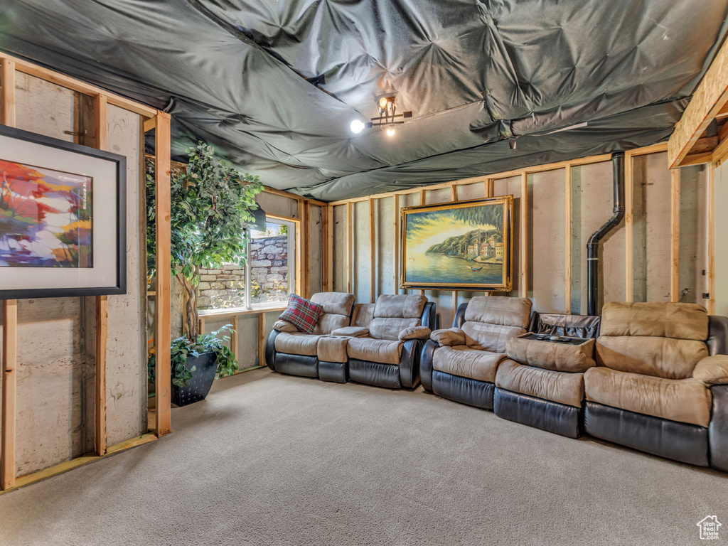 Living area with carpet floors