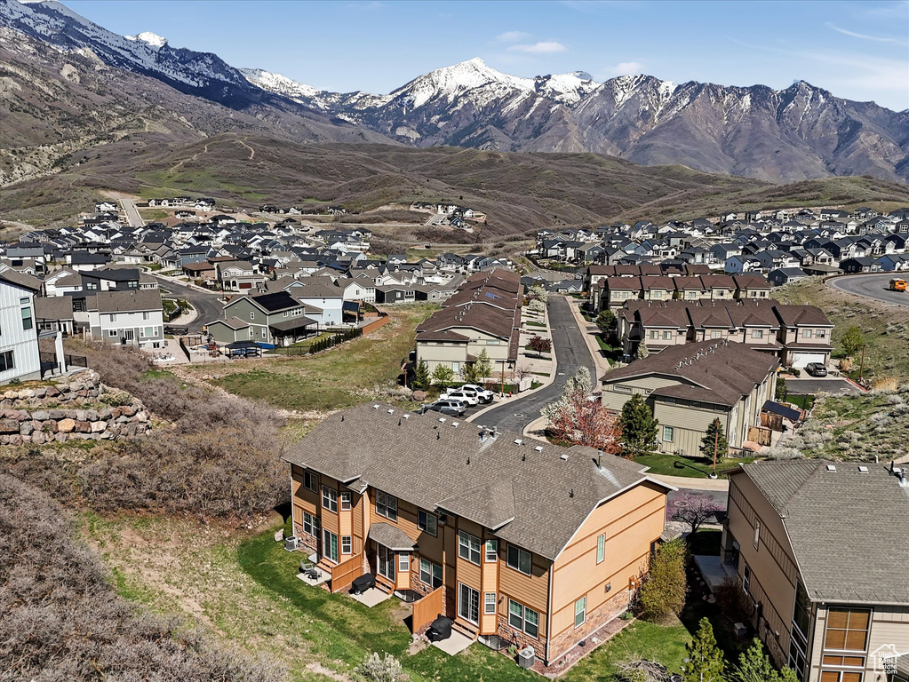 Aerial view featuring a residential view and a mountain view