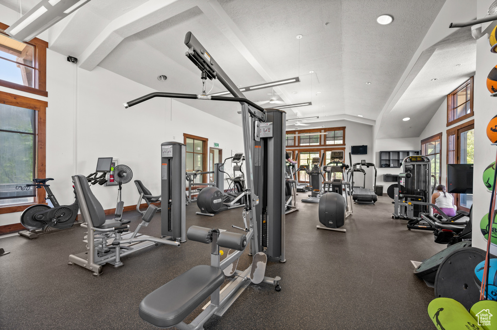Workout area with plenty of natural light, recessed lighting, and lofted ceiling